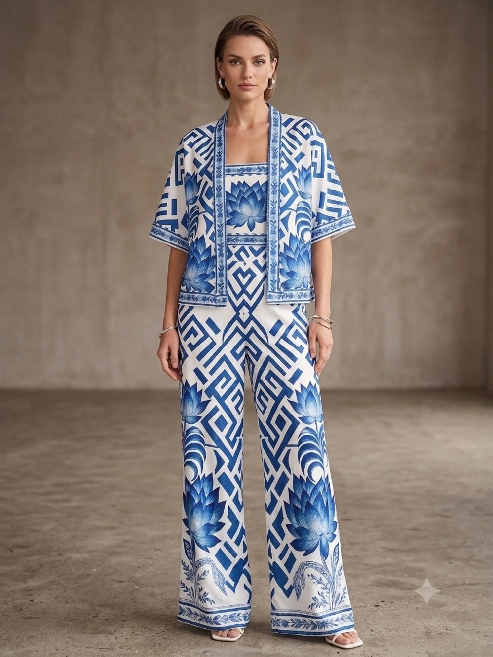 Printed Blue & White Wide-Leg Jumpsuit Set - Women
